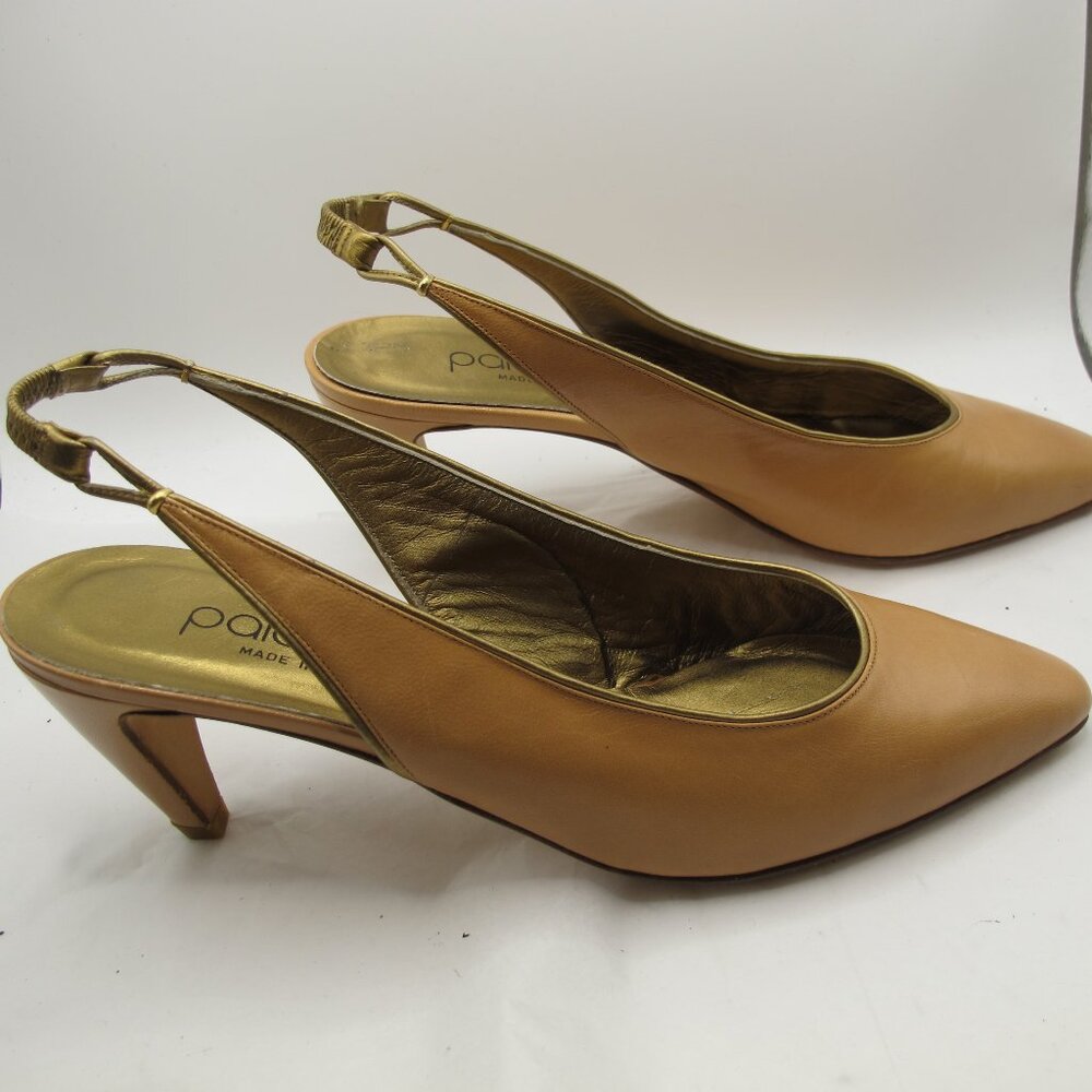 Paloma camel leather slingback 2 inch heel with gold trim 8.5AA